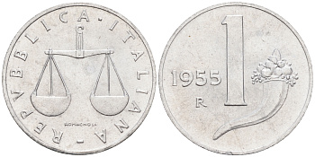 Италия 1 лира 1955 R, весы KM 91 алюминий  UNC  4594-627