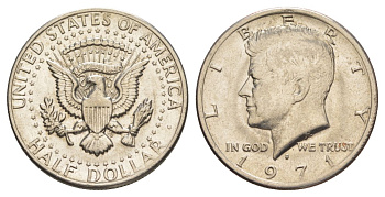 США 1/2 доллара (50 центов) 1971 D, Джон Кеннеди KM 202b медь плакированная медно-никелем aUNC 109-113