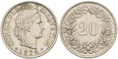 Швейцария 20 раппенов 1974 KM 29а медно-никель 51-116