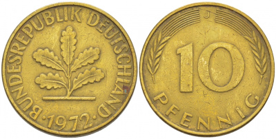 ФРГ 10 ПФЕННИГОВ 1972 J KM 108, J.383 сталь плакированная латунью 3718-744