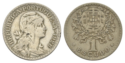 Португалия 1 эскудо 1928 голова Свободы вправо KM 578 никель латунь    4660-342