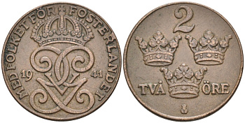 Швеция 2 эре 1942 Густав V (1907-1950) KM 778 бронза 68-1217