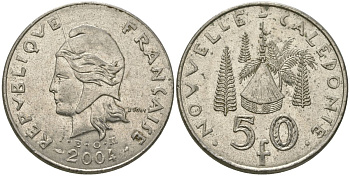 Французская Новая Каледония 50 франков 2004 хижина среди сосен и пальм, (IEOM) KM 13, Schoen 15, Lec 121 никель 111-933