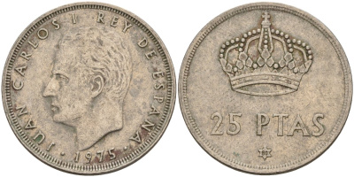 Испания 25 песет 1975 (80) Хуан Карлос I (1975-2014) KM 808 медно-никель 4149-1036