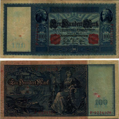 ГЕРМАНИЯ 100 МАРОК 1910 21 АПРЕЛЯ 1910, КРАСНАЯ ПЕЧАТЬ Pick 42 бумага 7214-14-2