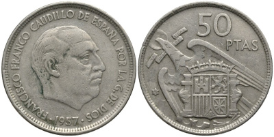 Испания 50 песет 1957 (59) Франсиско Франко (1939-1975) KM 788 медно-никель 4111-943