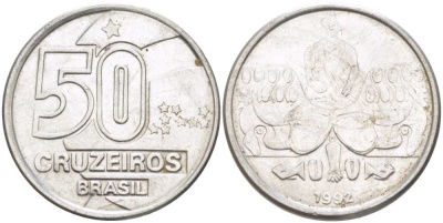 Бразилия 50 крузейро 1992 KM 620.2 нержавеющая сталь 4364-1854