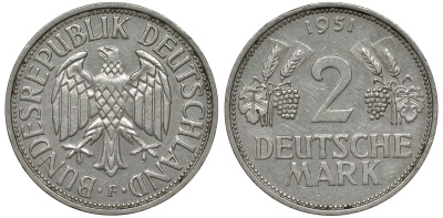 ФРГ 2 марки 1951 F J 386, KM 111 медно-никель плакированный никелем 4681-634