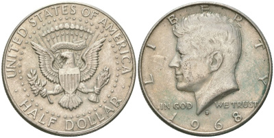 США 1/2 доллара (50 центов) 1968 D, Джон Кеннеди KM 202a серебро 221-1025