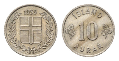Исландия 10 эйре 1959 KM 10 медно-никель aUNC 4696-258