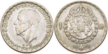 Швеция 1 крона 1949 TS, Густав VI Адольф (1950-1973) KM 814 серебро 119-1124