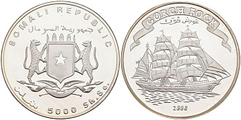 Сомали 5000 шиллингов 1998 парусник GORCH FOCK KM 86 серебро PROOF 04-137-35