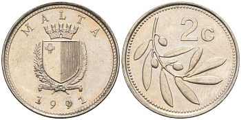 Мальта 2 цента 1991 оливковая ветвь KM 94 медно-никель 44-333