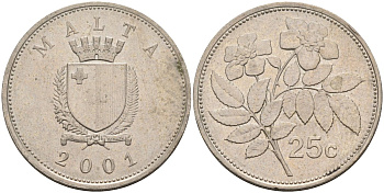 Мальта 25 центов 2001 шиповник вечнозелёный KM 97 медно-никель 3336-717