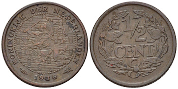 НИДЕРЛАНДЫ 1/2 ЦЕНТА 1936 ВИЛЬГЕЛЬМИНА (1890-1948) KM 138 бронза 39-229