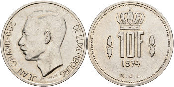 Люксембург 10 франков 1974 Великий герцог Жан (1964-1999) KM 57 никель 4150-933