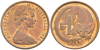 АВСТРАЛИЯ 1 ЦЕНТ 1983 ЕЛИЗАВЕТА II, МОЛОДОЙ ПОРТРЕТ, ОПОССУМ KM 62 бронза 4532-518