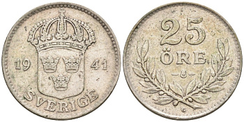Швеция 25 эре 1941 G, Густав V (1907-1950) KM 785 серебро 220-325