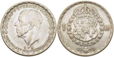 Швеция 1 крона 1949 TS, Густав VI Адольф (1950-1973) KM 814 серебро 119-1124