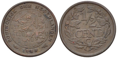 НИДЕРЛАНДЫ 1/2 ЦЕНТА 1936 ВИЛЬГЕЛЬМИНА (1890-1948) KM 138 бронза 39-229