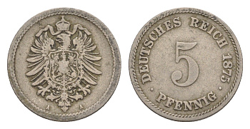 Германия 5 пфеннигов 1875 A, Вильгельм I (1871-1888) KM 3, J. 3, Weege 5 медно-никель 4639-1242