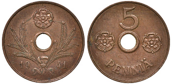 Финляндия 5 пенни 1941 KM 64.1 медь 00-00