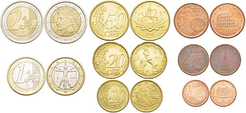 Италия евронабор из 8 монет 2002 1, 2, 5, 10, 20, 50 евроцентов, 1 и 2 евро KM 210, 211, 212, 247, 248, 249, 250, 251 UNC N6-34