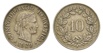 Швейцария 10 раппенов 1929 B KM 27 медно-никель 4627-1055