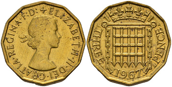 Великобритания 3 пенса 1967 Елизавета II (1952-2022) KM 900, Spink 4153 никель латунь 4153-745