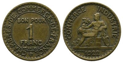 ФРАНЦИЯ 1 ФРАНК 1922 KM 876, LCHAMBRES DE COMMERCE LE FRANC 218.4 алюминиевая бронза 261-922