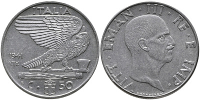 ИТАЛИЯ 50 ЧЕНТЕЗИМО 1941 R, ВИКТОР ИМАНУИЛ, XIX ГОД, МАГНИТНАЯ KM 76b нержавеющая сталь 89-422