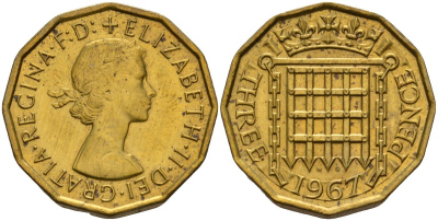 Великобритания 3 пенса 1967 Елизавета II (1952-2022) KM 900, Spink 4153 никель латунь 4153-745