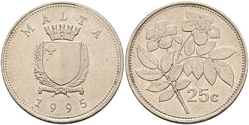 Мальта 25 центов 1995 шиповник вечнозелёный KM 97 медно-никель 3336-224