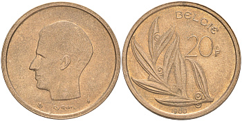 БЕЛЬГИЯ 20 ФРАНКОВ 1980 BELGIE, БОДУЭН I (1951-1993) KM 160 никель бронза 4556-654