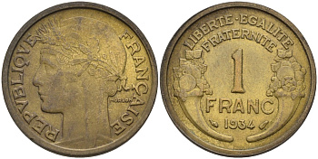Франция 1 франк 1934 тип Morlon KM 885, Le Franc 219.5 алюминиевая бронза 4116-1221