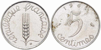 ФРАНЦИЯ 5 САНТИМОВ 1961 ПЯТАЯ РЕСПУБЛИКА KM 927, LE FRANC 124.3 хромированная сталь 105-418
