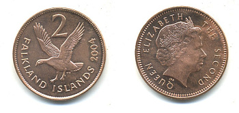 Фолклендские острова 2 пенса 2004 Елизавета II (1952-2022), магелланов гусь KM 131 сталь плакированная бронзой aUNC 540-311