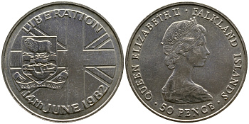 Фолклендские острова 50 пенсов 1982 освобождение Фолклендов, 14 июня 1982 KM 18 медно-никель UNC 118-512