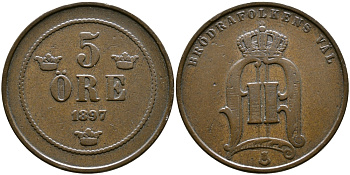 Швеция 5 эре 1897 Оскар II (1872-1907) король Швеции и Норвегии KM 757 бронза 259-1017