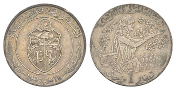 Тунис 1 динар 1997 KM 347 медно-никель 4401-1015