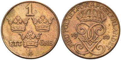 Швеция 1 эре 1950 Густав V (1907-1950) KM 777.3 бронза 4147-437