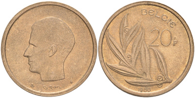 БЕЛЬГИЯ 20 ФРАНКОВ 1980 BELGIE, БОДУЭН I (1951-1993) KM 160 никель бронза 4556-654