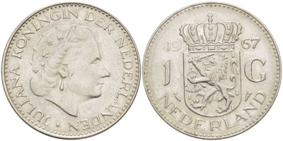 Нидерланды 1 гульден 1967 Юлиана (1948-1980) KM 184а никель 213-946