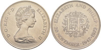 Великобритания 25 пенсов 1972 25 лет со дня свадьбы Елизавтеы II И Филлипа (1947-1972, серебрянная свадьба), Елизавета II (1952-2022) KM 917, Spink 4226 медно-никель 4552-534