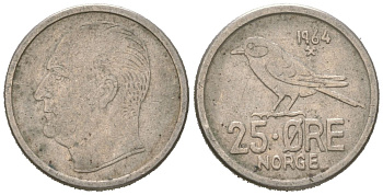 Норвегия 25 эре 1964 Улаф V (1958-1991), синица KM 407 медно-никель 4617-1246