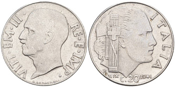 ИТАЛИЯ 20 ЧЕНТЕЗИМО 1941 R, ГОД XIX, ВИКТОР ЭММАНУИЛ III (1900-1946) KM 75b, VEM3. 1028 нержавеющая сталь 3853-717