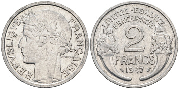 Франция 2 франка 1947 тип Morlon KM 886a.1, Le Frank 369.10 алюминий 4116-1147