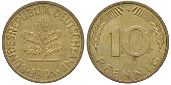 ФРГ 10 пфеннигов 1991 C KM 108, J. 383 сталь плакированная латунью 4132-611