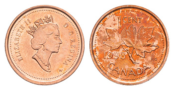 Канада 1 цент 1998 Елизавета II (1952-2022), кленовый лист KM 289 цинк плакированный бронзом UNC 4639-414