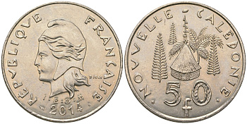 Французская Новая Каледония 50 франков 2014 хижина среди сосен и пальм, (IEOM) KM 13a, Schoen 15a, Lec 128i медно-никель 176-1136